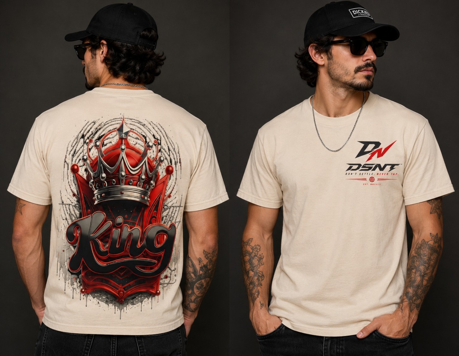 Cream T-shirt with DSNT chest logo and crown King back print