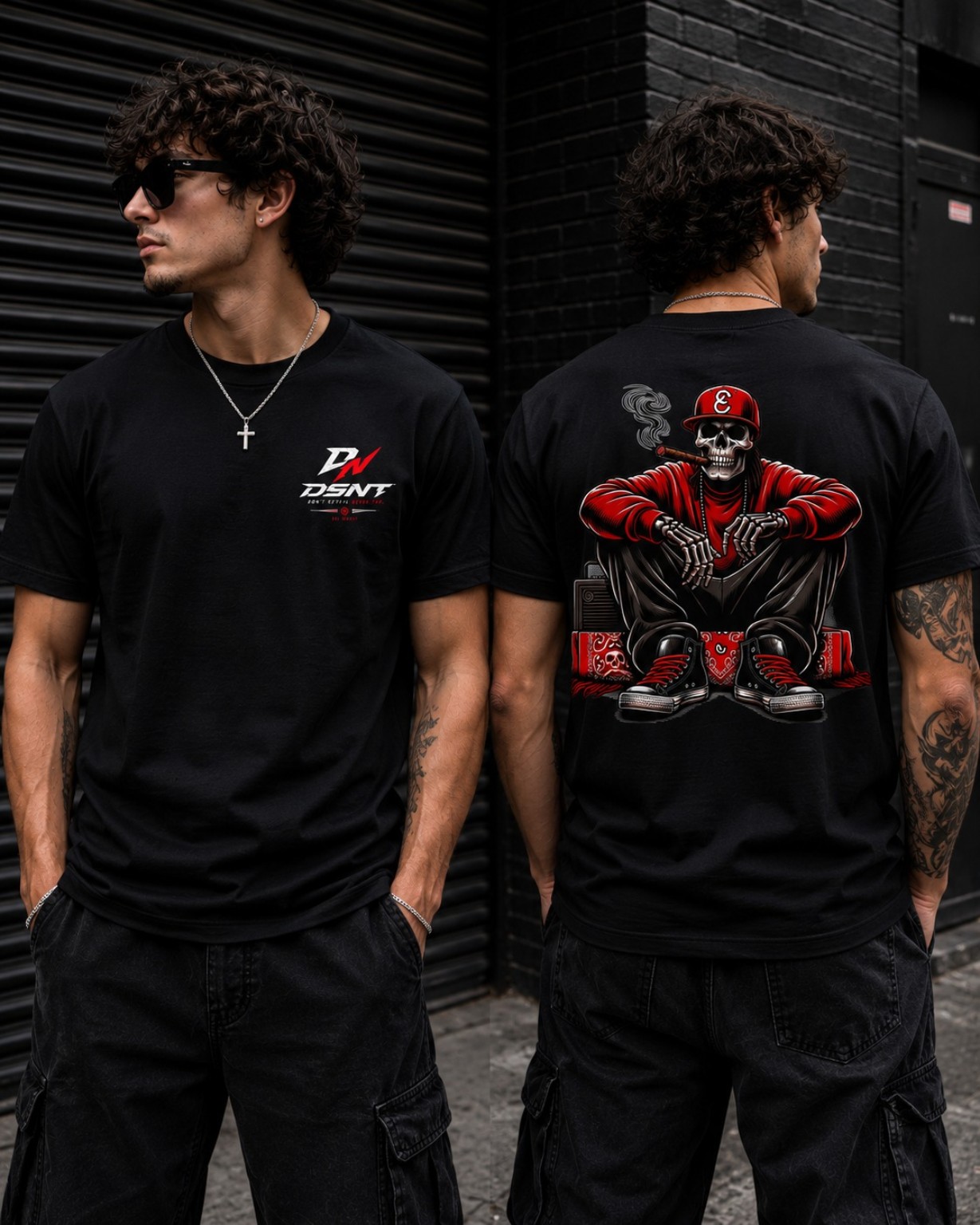 Black DSNT custom printed T-shirt, front and back print showcase