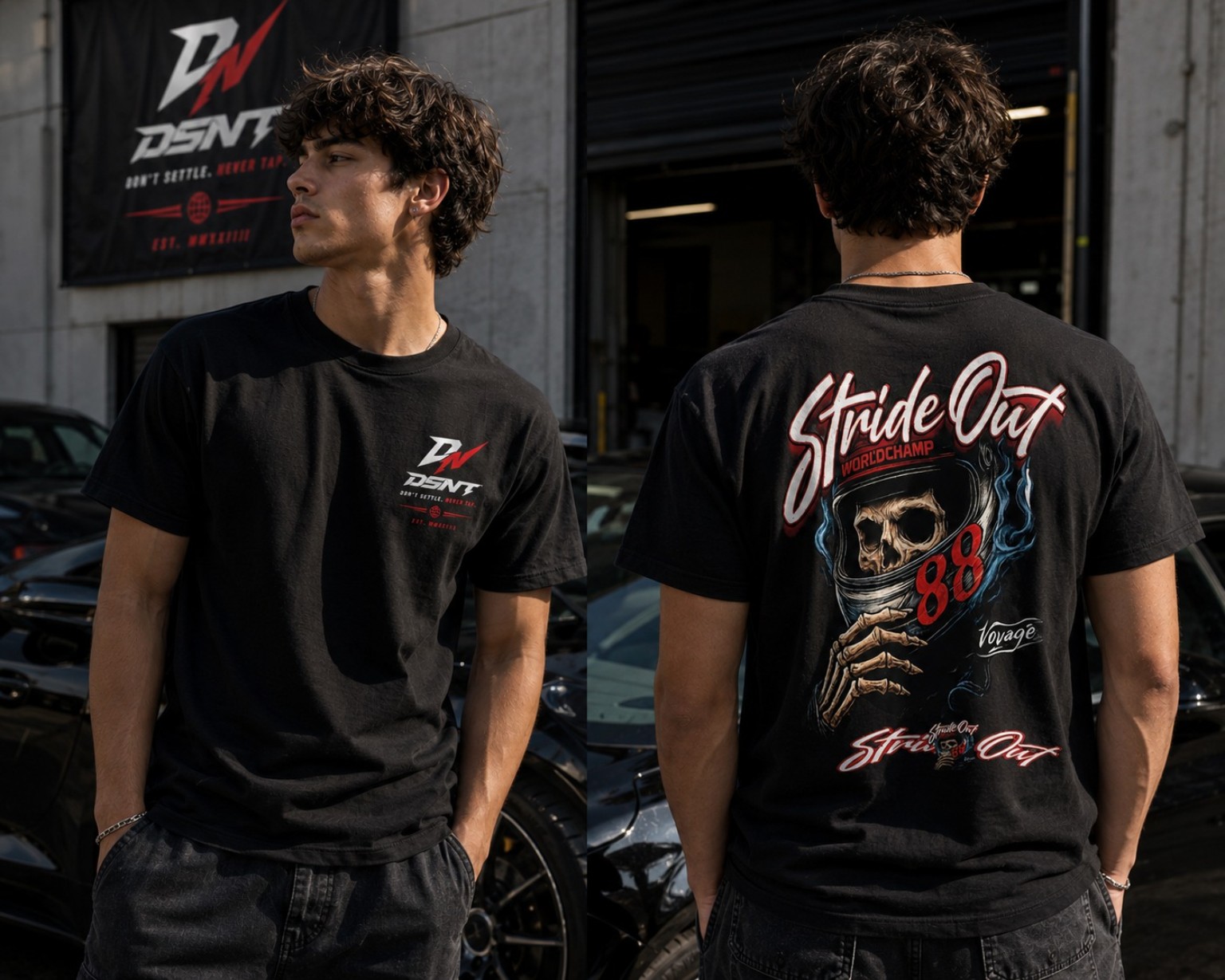 Black T-shirt with small front logo and large back skull graphic