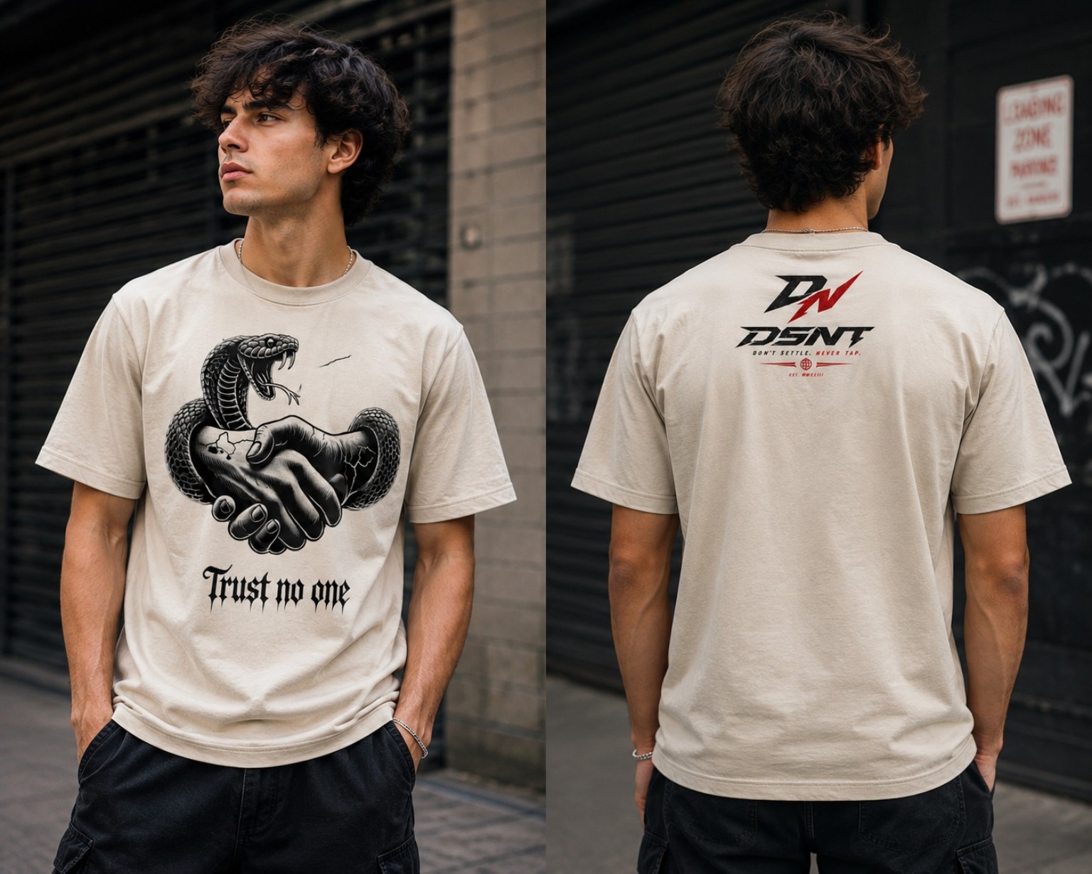 Cream T-shirt with front snake handshake artwork and DSNT back logo