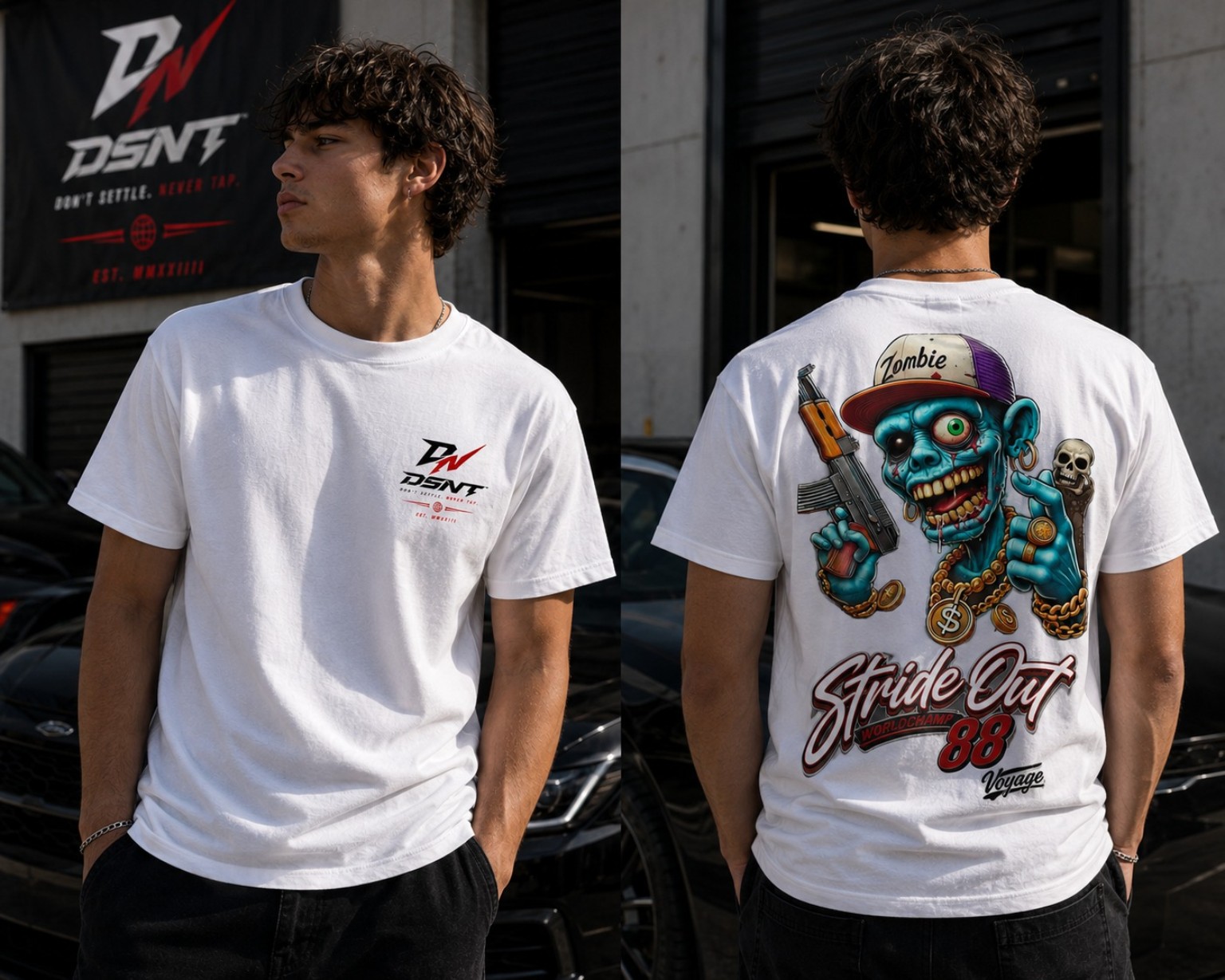 White T-shirt with small DSNT chest logo and large colourful back graphic